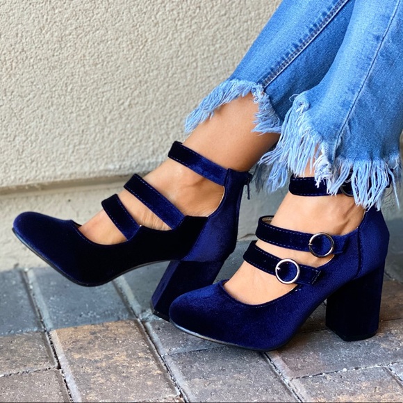 Boutique Shoes - Marine Blue Crush Velvet Mary Jane Block Heel Pump